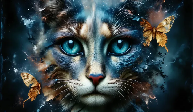 ethereal digital artwork of a blue-eyed cat portrait with magical fantasy atmosphere, vibrant azure eyes reflecting wisdom and mystery, flowing abstract patterns resembling water currents in brilliant blue, gold and orange tones, detailed butterfly wing pa...