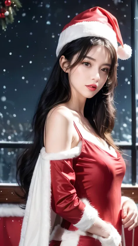 unique , long hair, Black Hair, Bare shoulders,Lips, Christmas, Santa hat, Santa Claus costume , actual , in cozy Christmas workshop, stingy, colorful, High Contrast with Windows , complicated background, Highly Detailed Skin , 8K, Ultra HD,(...
