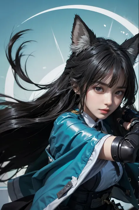 1girl, high res, highly detail, masterpiece, best quality, Miyabi Hoshimi, blue aura, blue slash, sword slash, attack pose