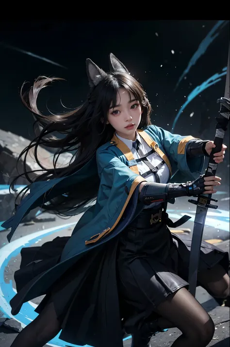 1girl, high res, highly detail, masterpiece, best quality, Miyabi Hoshimi, blue aura, blue slash, sword slash, attack pose