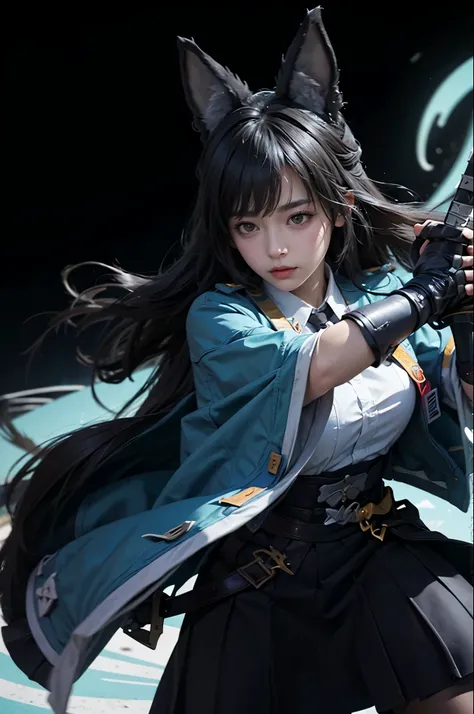 1girl, high res, highly detail, masterpiece, best quality, Miyabi Hoshimi, blue aura, blue slash, sword slash, attack pose