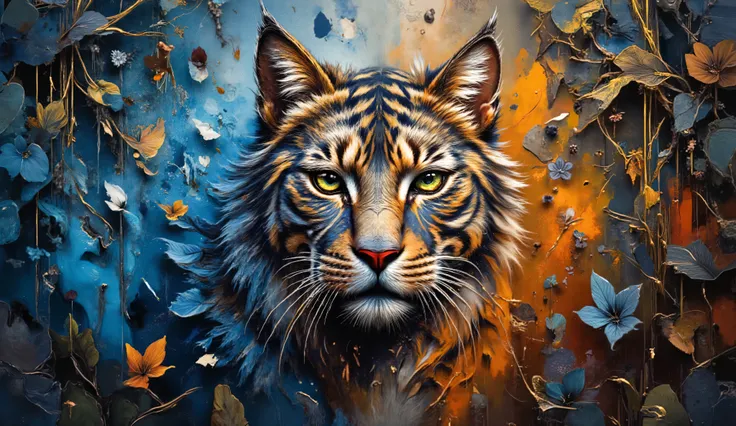dreamlike digital portrait of a cat with piercing sapphire eyes amid a magical fantasy realm, swirling abstract patterns in luminous blue, amber and tangerine hues flowing like liquid across the composition,double exposure with magical lights and golden fi...