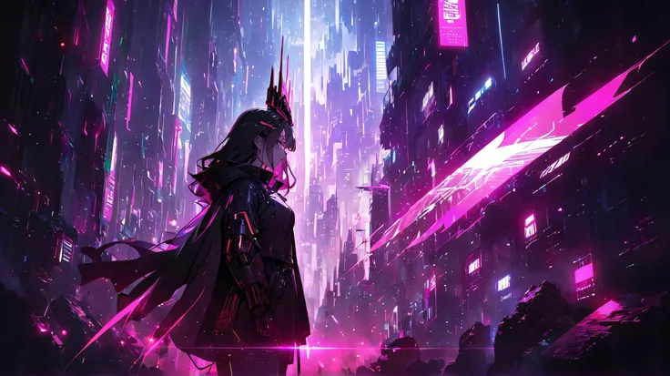 Main color:
Burning Red (with cyberpunk lighting).
Cold tones but with strong light accents, creating contrast.
2️⃣ Main character:
A mysterious character, possibly a future queen or a technological warrior.
Multi-colored long hair (mainly black
Wearing ...