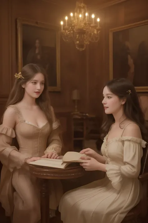 A warm, golden light illuminates a cozy parlour setting in the Victorian era. Three normal young girls, dressed in frilly, high-necked gowns and puffed sleeves, sit together on a plush armchair. The eldest, with curly brown locks, holds a worn leather-boun...