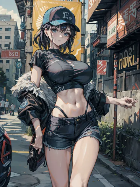 ideal ratio body proportions, perfect anatomy, correct body, earring, large breasts, narrow waist, short hair, black hair, wavy hair, hair behind ear, half updo, looking at viewer, cowboy shot, outdoor, baseball cap, black T-shirt, crop top, shorts,