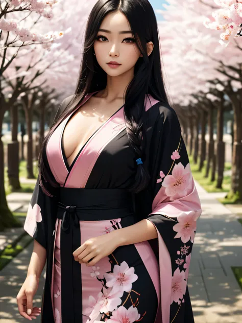 (best quality, masterpiece), ((1 Woman)), beautiful Woman, Asian Woman, Almond Shaped Eyes, perfecteyes eyes, (pink eyes), ((black hair, [long] hair)), Medium Breasts, realistic, narrow waist, charming, Black makeup, Smoky eye shadow, Dark Eyeliner. long e...