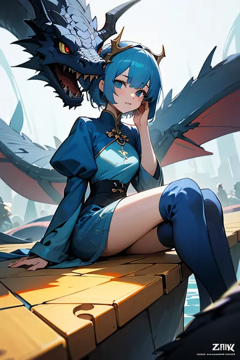 Dragon Head sitting on a puzzle and an anime girl in a blue dress, Dragon Girl, the Dragon Girl portrait, anime fantasy illustration, pixiv style, Dragon in the Background ,  trending on pixiv, ArtStation Popular on Pixiv, 8kSheer sleeves, detailed anime a...