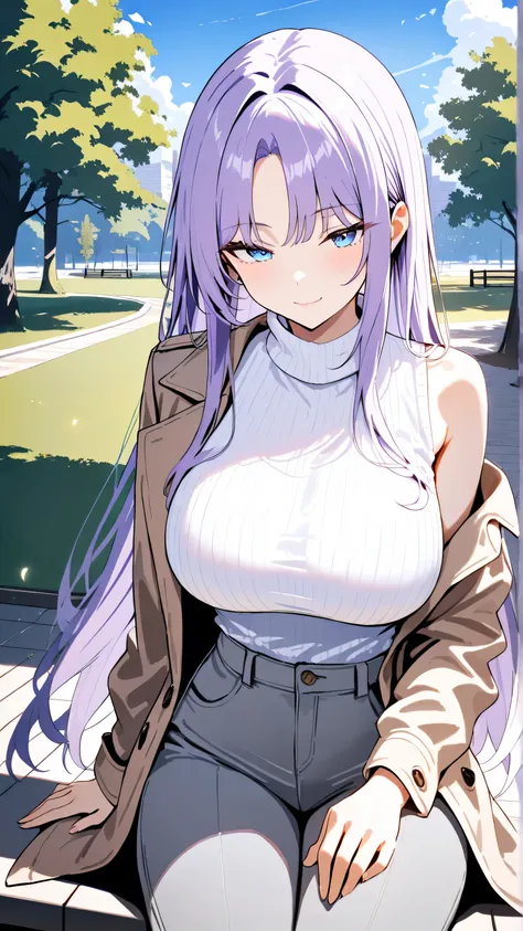 1girl, solo, seductive smile, closed mouth, large breasts, long hair, straight hair, long sidelocks, parted bangs, light purple hair, blue eyes, brown coat, turtleneck sweater, white sweater, grey pants, single off shoulder, single bare shoulder, sleeveles...