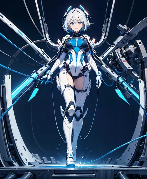 (Very Elaborate CG,Unity4K Wallpaper,top quality,masterpiece,Official Art)
( moderate bust, Friendly Smiles,Detailed facial expression,Sparkling Eyes, super shortcuts,full body,Model stand,long hard boots ,exoskeleton, gloves up to the elbow )
( blue glowi...