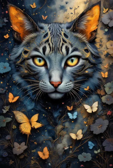 enchanting digital artwork of a cat face with striking blue eyes in a magical fantasy setting, vibrant palette of electric blue, molten gold and fiery orange creating a warm ethereal glow, abstract fluid patterns flowing organically throughout the composit...