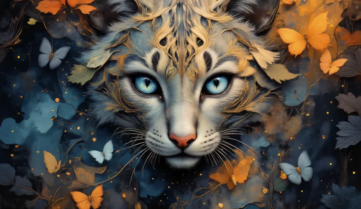 enchanting digital artwork of a cat face with striking blue eyes in a magical fantasy setting, vibrant palette of electric blue, molten gold and fiery orange creating a warm ethereal glow, abstract fluid patterns flowing organically throughout the composit...