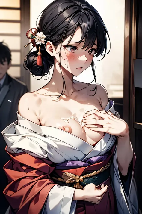 Japanese adult lady, bust focus, hands for under the screen, cum on chest, now ejaculating, shamed, very sweating, tiny body, black haired, kimono, downblouse, off shoulder