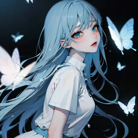 ( Masterpiece with natural light),(4K Anime),high quality,1 girl,((Light blue long hair)),blue eyes,White clothes with blue decoration, Lots of Glowing White Butterflies , night sky, high fantasy ,Anime Art Wallpaper 4K, Beautiful Anime Art work, Beauti...