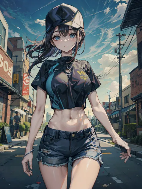 ideal ratio body proportions, perfect anatomy, correct body, earring, large breasts, narrow waist, short hair, black hair, wavy hair, hair behind ear, half updo, looking at viewer, cowboy shot, outdoor, baseball cap, black T-shirt, crop top, shorts, 