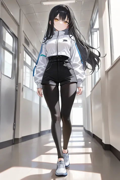 (Best quality, 4k, 8k, high resolution, masterpiece:1.2), ultra detailed, intricate details, beautiful girl, alone, long black hair,  golden eyes, small-medium breasts, perfect smooth skin, head tilted, At school on hallway, , loose black short pants, high...