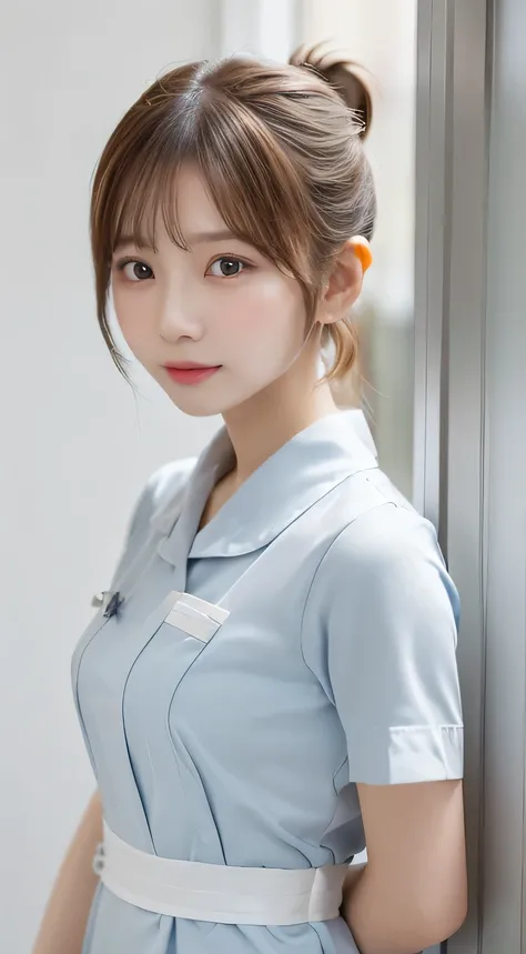 (table top、Top Quality、32K、Award-Winning Works、 super high resolution )、(Beautiful nurse:1.1)、( perfect white nurse uniform :1.1),beautiful hair,accurate anatomy,( Strongly Blurred White Background :1.1)、(face being sucked:1.3), (She is standing gracefully...