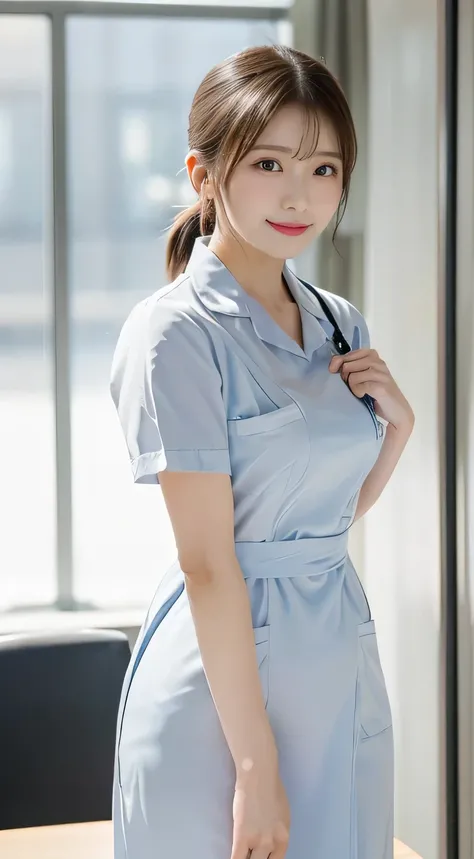 (table top、Top Quality、32K、Award-Winning Works、 super high resolution )、(Beautiful nurse:1.1)、( perfect white nurse uniform :1.1),beautiful hair,accurate anatomy,( Strongly Blurred White Background :1.1)、(face being sucked:1.3), (She is standing gracefully...