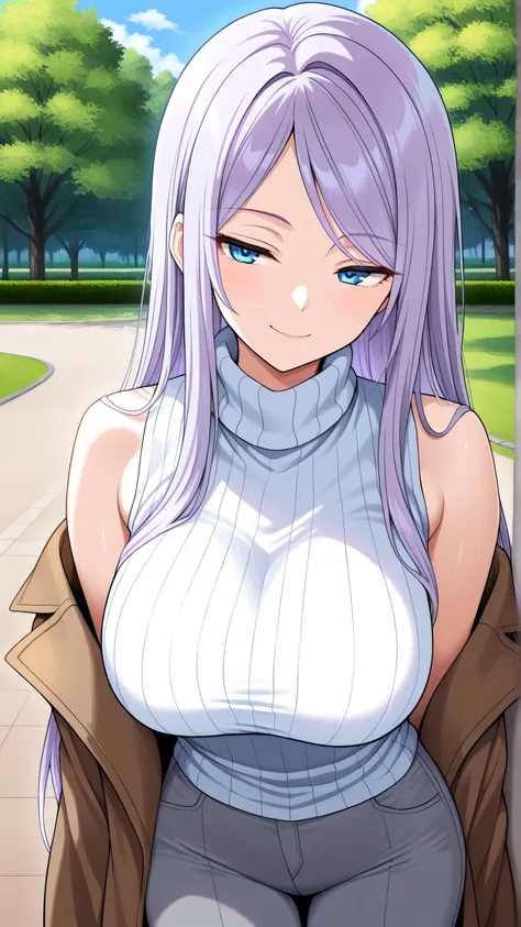 masterpiece, best quality, good quality, 1girl, solo, seductive smile, closed mouth, large breasts, long hair, straight hair, long sidelocks, parted bangs, light purple hair, blue eyes, brown coat, turtleneck sweater, white sweater, grey pants, single off ...