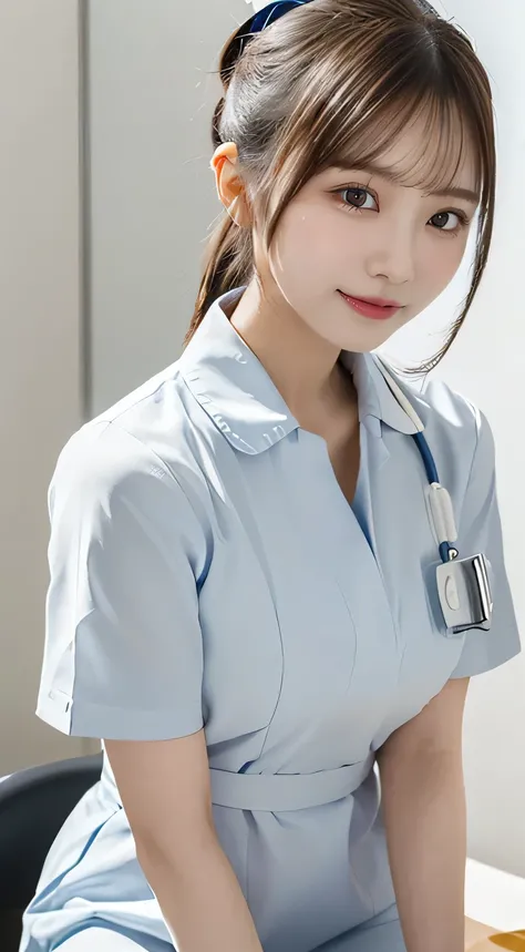 (table top、Top Quality、32K、Award-Winning Works、 super high resolution )、(Beautiful nurse:1.1)、( perfect white nurse uniform :1.1),beautiful hair,accurate anatomy,( Strongly Blurred White Background :1.1)、(face being sucked:1.3), (She is standing gracefully...