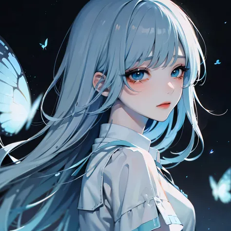 ( Masterpiece with natural light),(4K Anime),high quality,1 girl,((Light blue long hair)),blue eyes,White clothes with blue decoration, Lots of Glowing White Butterflies , night sky, high fantasy ,Anime Art Wallpaper 4K, Beautiful Anime Art work, Beauti...