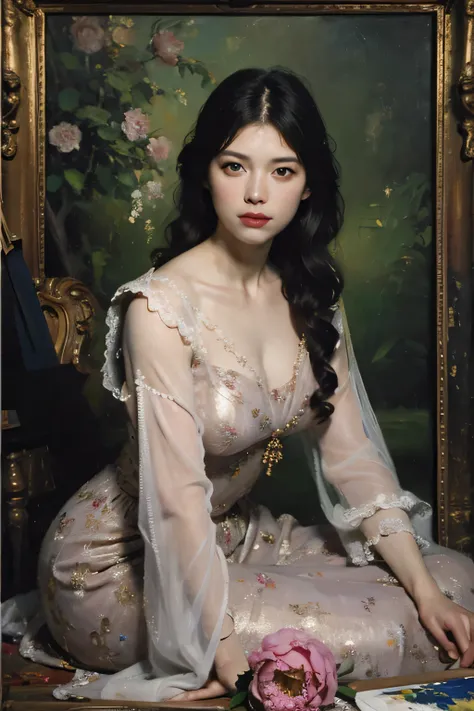 (oil painting:1.5),
\\
a woman with (long curtly hair ), ((green eyes)) is lie on the ground, peony, (amy sol:0.248), with  dress,  (stanley artgerm lau:0.106), (a detailed painting:0.353), (gothic art:0.106)