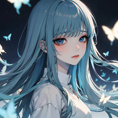 ( Masterpiece with natural light),(4K Anime),high quality,1 girl,((Light blue long hair)),blue eyes,White clothes with blue decoration, Lots of Glowing White Butterflies , night sky, high fantasy ,Anime Art Wallpaper 4K, Beautiful Anime Art work, Beauti...