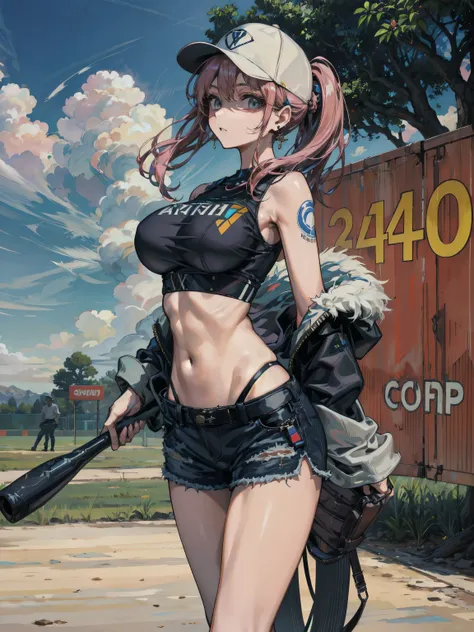 ideal ratio body proportions, perfect anatomy, correct body, earring, large breasts, narrow waist, short hair, black hair, wavy hair, hair behind ear, half updo, looking at viewer, cowboy shot, outdoor, baseball cap, black T-shirt, crop top, shorts, 