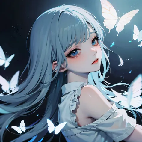 ( Masterpiece with natural light),(4K Anime),high quality,1 girl,((Light blue long hair)),blue eyes,White clothes with blue decoration, Lots of Glowing White Butterflies , night sky, high fantasy ,Anime Art Wallpaper 4K, Beautiful Anime Art work, Beauti...