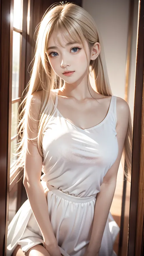 Polate、 Japanese beautiful girl 、 school uniform、bright expression、poneyTail、Young, shiny, white skin 、Slender body line drawing delicate eyes and face、Baby Face、 idol face、Young Face、Great looks、 gold reflects light 、platinum blonde hair， shine on a jewel...