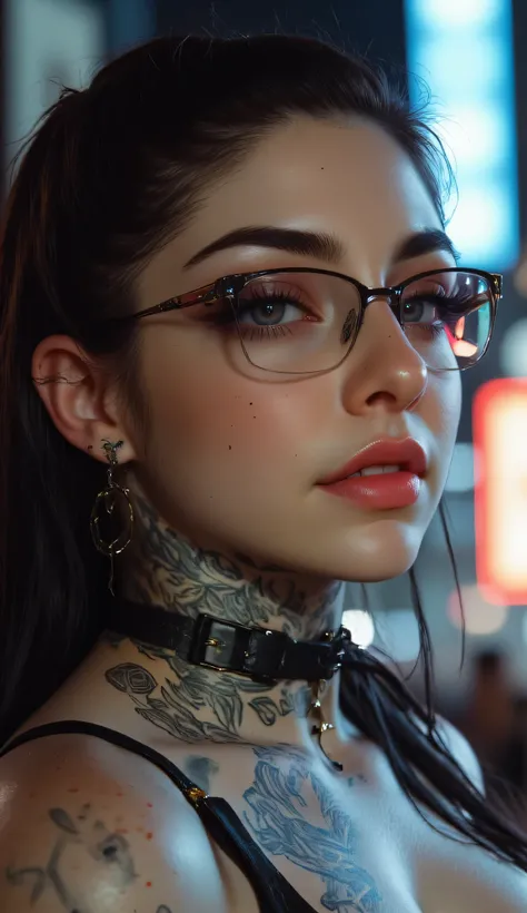 ((a woman with tattoos on her neck and face, Beautiful face of a cyberpunk girl, great digital art with details,  she wears rectangular black rimmed glasses you can see the reflection in the glasses of the glasses :1.5)),walking, City streets,city lights, ...