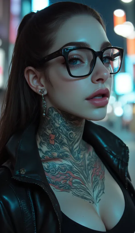 ((a woman with tattoos on her neck and face, Beautiful face of a cyberpunk girl, great digital art with details,  she wears rectangular black rimmed glasses you can see the reflection in the glasses of the glasses :1.5)),walking, City streets,city lights, ...