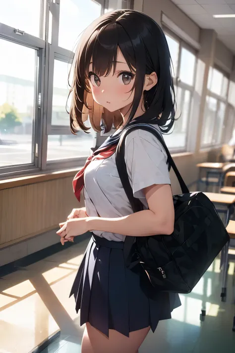 (8k masterpiece ultra-detailed:1.3), (candid shot:1.4), (school life atmosphere:1.2),
1 Japanese high school girl turning around in surprise, chestnut-brown long straight hair with slight windblown movement,
classic navy sailor uniform with red ribbon, whi...