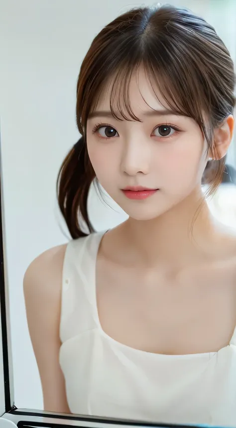 (beautiful girl、Cute Face、high school girl、medium hair、Face reflected in the mirror、 moist eyes:1.3)、top quality,8K image、 perfect double eyelids、happy、natural color makeup、Moist lips、white skin、(Low Ponytail、short ponytail,face being sucked、strongly blurr...