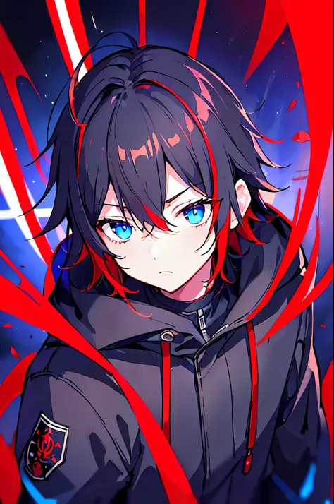 [(BLACK BACKGROUND:1.5),::5], (((masterpiece))), high quality, ultra very high resolution, full color, (((solo))), ((little younger boy)), (men's black short hair), ((red streaked hair)), blue eyes, anime, ((upper body)), neon light, black parka, (final im...