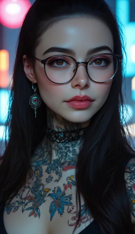 ((a woman with tattoos on her neck and face, Beautiful face of a cyberpunk girl, great digital art with details,  she wears rectangular black rimmed glasses you can see the reflection in the glasses of the glasses :1.5)),walking, City streets,city lights, ...