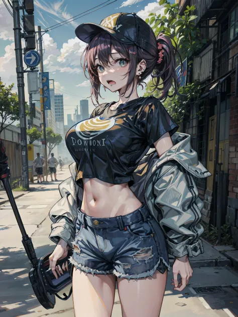 ideal ratio body proportions, perfect anatomy, correct body, earring, large breasts, narrow waist, short hair, black hair, wavy hair, hair behind ear, half updo, looking at viewer, eye rolling, drooling, saliva, open mouth, cowboy shot, outdoor, baseball c...