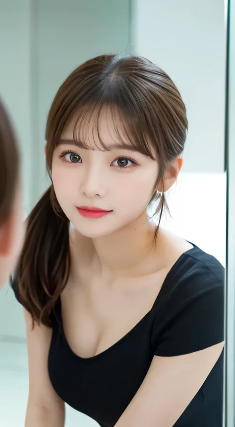 (beautiful girl、Cute Face、high school girl、medium hair、Face reflected in the mirror:1.3)、top quality,8K image、 perfect double eyelids、happy、natural color makeup、Moist lips、white skin、(Low Ponytail、short ponytail,face being sucked、 Strongly Blurred White Ba...