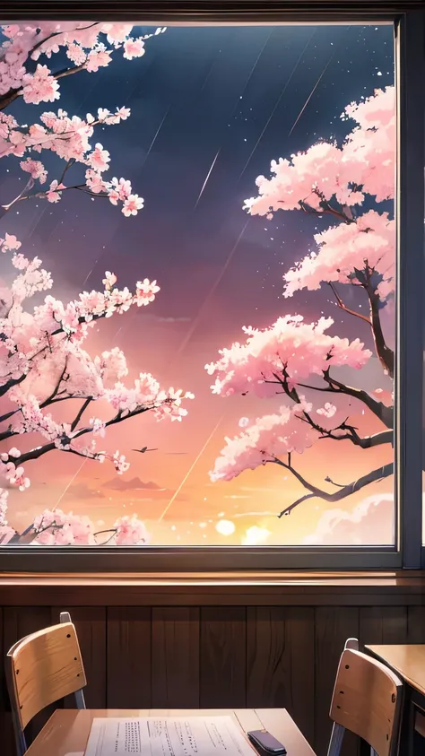 (No_humans)、 high detail、 SCENARIES 、masterpiece、 not human、 masterpiece, top quality、is drawn in detail、Cherry blossom rain from classroom window、sunset