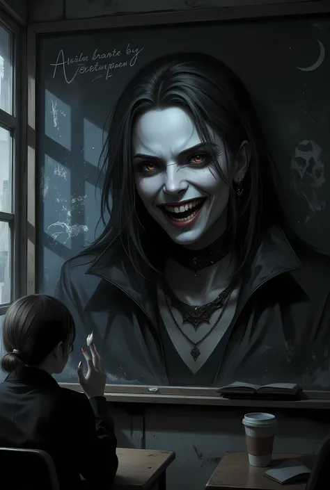 a drawing on a blackboard in school at night, of vampiric grin , vampiric fangs, aidmaDarkGothicAnime