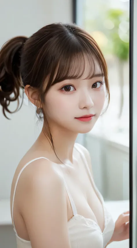 (beautiful girl、Cute Face、high school girl、medium hair、Face reflected in the mirror:1.3)、top quality,8K image、 perfect double eyelids、happy、natural color makeup、Moist lips、white skin、(Low Ponytail、short ponytail,face being sucked、 Strongly Blurred White Ba...