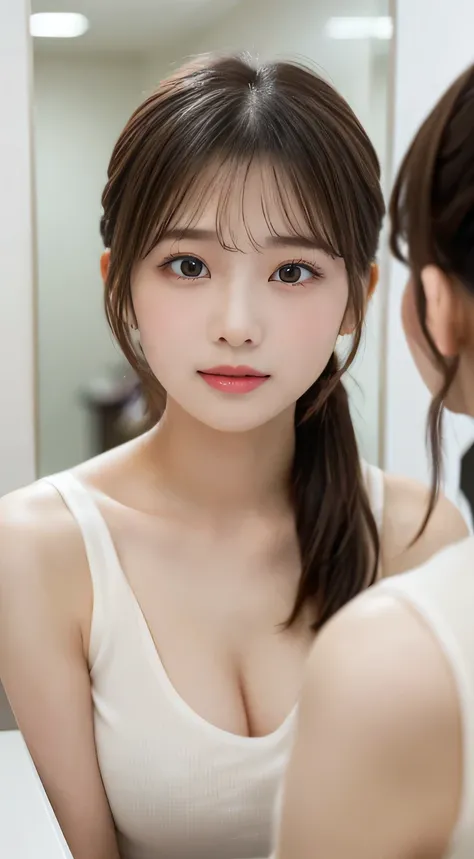 (beautiful girl、Cute Face、high school girl、medium hair、Face reflected in the mirror:1.3)、top quality,8K image、 perfect double eyelids、happy、natural color makeup、Moist lips、white skin、(Low Ponytail、short ponytail,face being sucked、 Strongly Blurred White Ba...