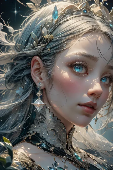 A breathtaking digital semi-realistic portrait of a silver-haired princess, exuding elegance and mystique. Her long, shimmering hair flows like liquid starlight, reflecting soft moonbeams. Her piercing violet eyes hold a depth of wisdom and grace, framed b...