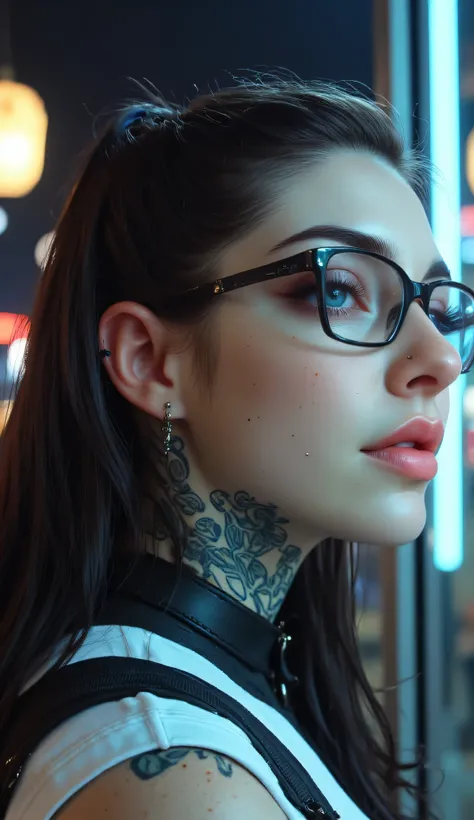 ((a woman with tattoos on her neck and face, Beautiful face of a cyberpunk girl, great digital art with details,  she wears rectangular black rimmed glasses you can see the reflection in the glasses of the glasses :1.5)),walking, City streets,city lights, ...
