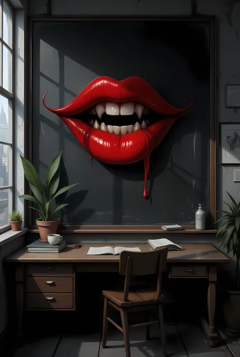a drawing on a blackboard in school at night, of a red lips making a grin, feminine lips, vampiric fangs, aidmaDarkGothicAnime