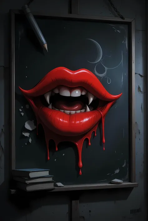a drawing on a blackboard in school at night, of a red lips making a grin, feminine lips, vampiric fangs, aidmaDarkGothicAnime