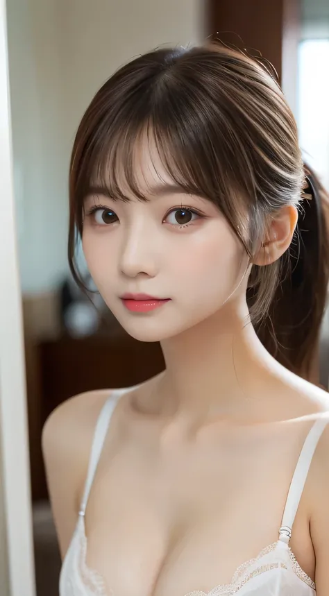 (beautiful girl、Cute Face、high school girl、medium hair、Face reflected in the mirror、Staring at viewer:1.3)、top quality,8K image、 perfect double eyelids、happy、natural color makeup、Moist lips、white skin、(Low Ponytail、short ponytail,face being sucked、 Strongl...