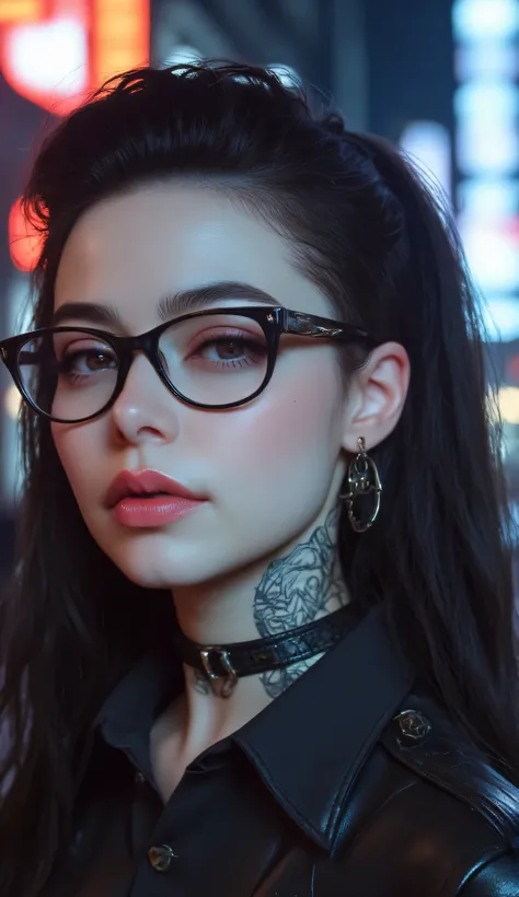 ((a woman with tattoos on her neck and face, Beautiful face of a cyberpunk girl, great digital art with details,  she wears rectangular black rimmed glasses you can see the reflection in the glasses of the glasses :1.5)),walking, City streets,city lights, ...