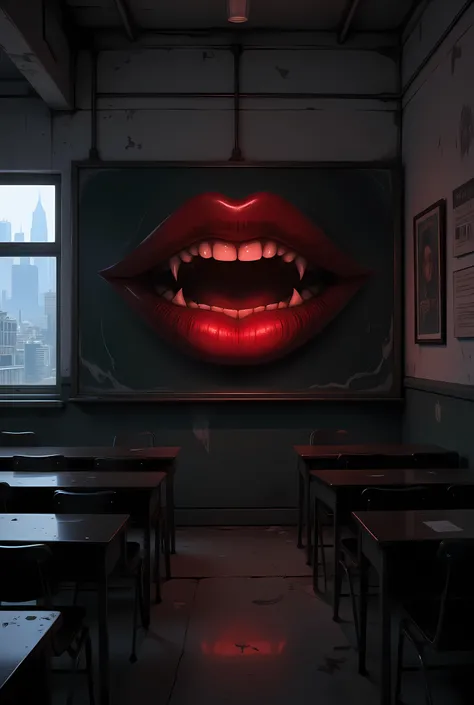 there is a drawing on a blackboard in school at night, of red lips making a grin, feminine lips, vampiric fangs, aidmaDarkGothicAnime