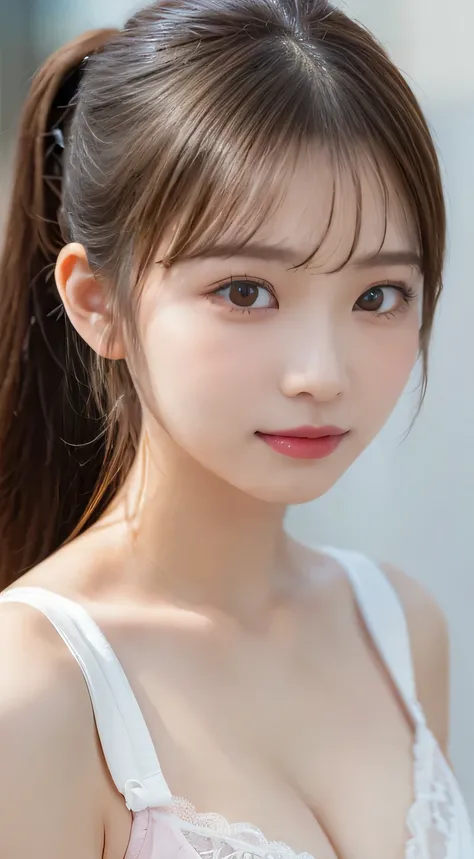 (beautiful girl、Cute Face、high school girl、medium hair、Staring at viewer:1.3)、top quality,8K image、 perfect double eyelids、happy、natural color makeup、Moist lips、white skin、(Low Ponytail、short ponytail,face being sucked、 Strongly Blurred White Background :1...