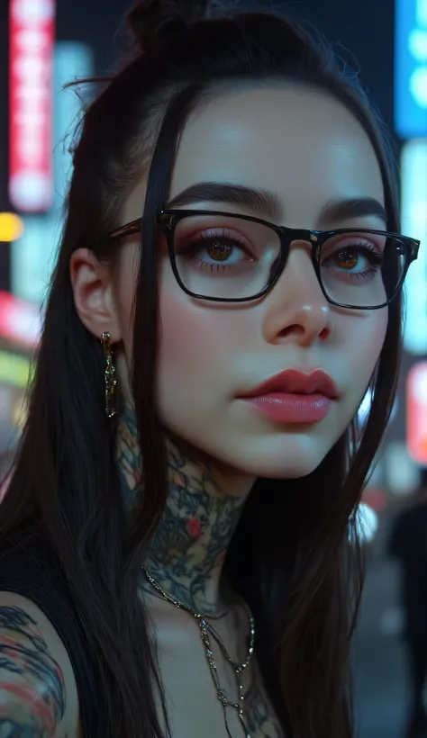 ((a woman with tattoos on her neck and face, Beautiful face of a cyberpunk girl, great digital art with details,  she wears rectangular black rimmed glasses you can see the reflection in the glasses of the glasses :1.5)),walking, City streets,city lights, ...
